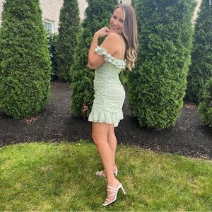 “Matilda Frill Trim Lace Overlay Gold Bead Dress Sage”